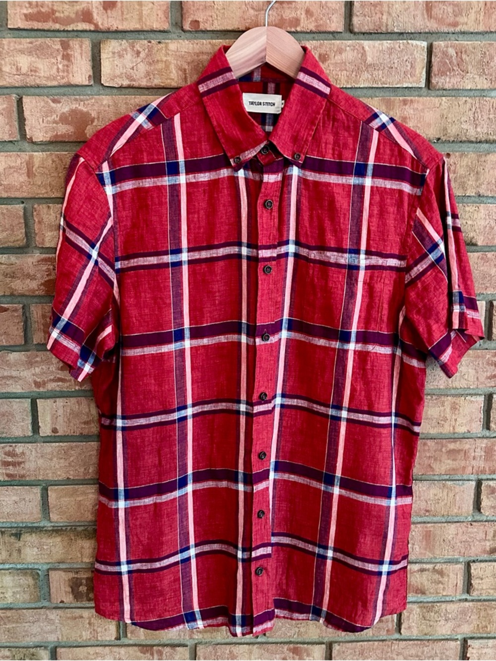 Taylor Stitch 100% Linen M / 40 Red Plaid Short Sleeve Shirt